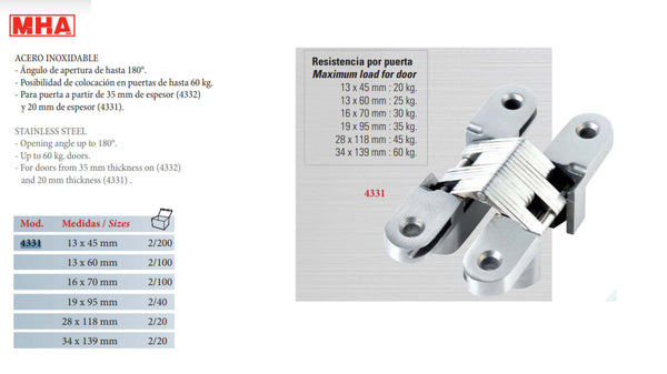 BISAGRA INVISIBLE MOD.4331 16 X 70MM 30KG INOX.SATINADO