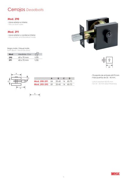 CERRADURA AUXILIAR MOD.291 BS.60 LLAVE/CRUCETA NEGRO MATE