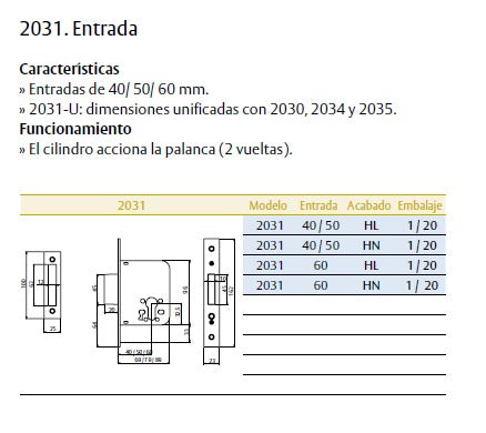 CERRADURA EMBUTIR AUXILIAR 2031/50/LATON PULIDO