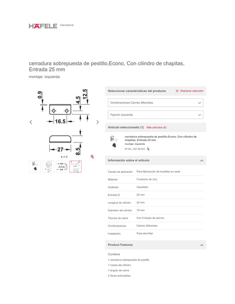 CERRADURA PARA MUEBLES 19MM ACABADO NIQUELADO