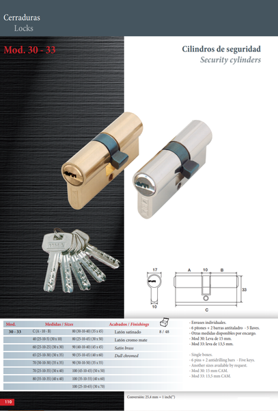 CILINDRO LLAVE/LLAVE DE SEG, #30 DE 90 MM(40-50) NIQUEL MATE