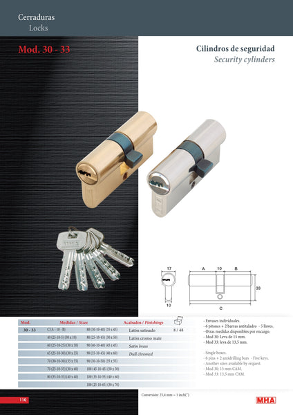 CILINDRO LLAVE/LLAVE DE SEG #30 DE 90MM, NIQUELADO