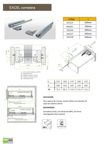 CORREDERA EXCEL N550H 400 MM SLOWMOTION EASYFIX EXTRAC. 80%