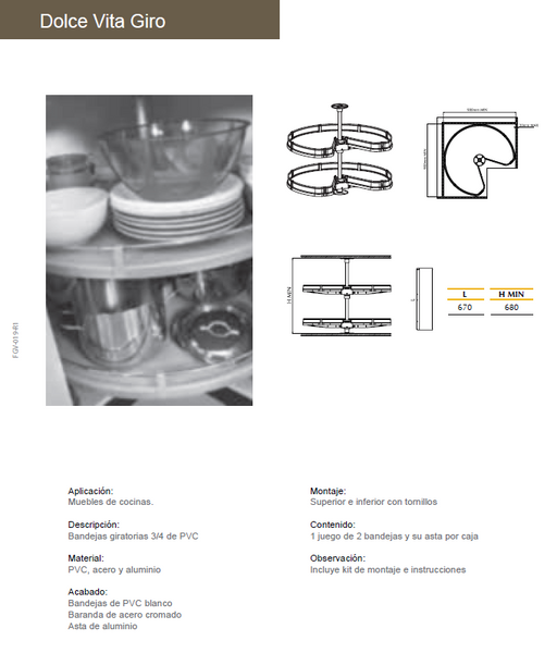 BANDEJA GIRATORIA GIRO BLANCO 3/4 DIAMETRO 800MM