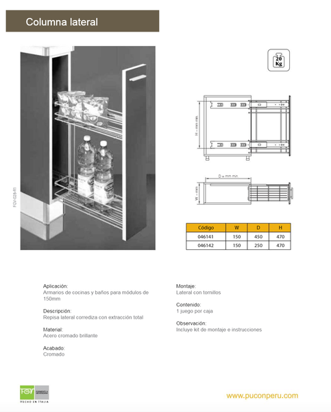 COLUMNA LATERAL CROMO BASE 150MM FONDO 450MM