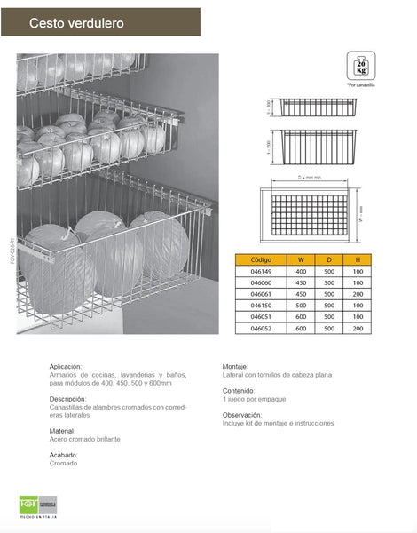 CESTO VERDULERO CROMO BASE 600MM  ALTURA 100MM