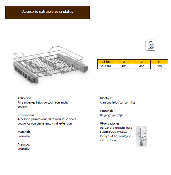 SET ACCESORIO EXTRAIBLE PARA PLATOS PARA MODULO  900 MM