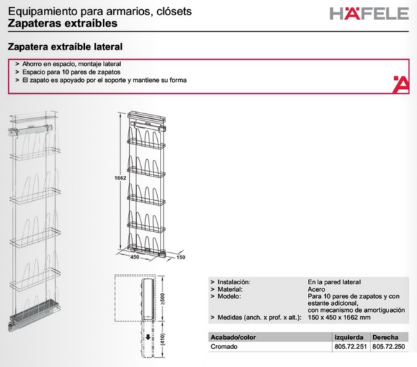 COLUMNA EXTRAÍBLE P/ARMARIO ZAPATERO LATERAL CROMADO DERECHA