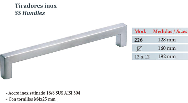 TIRADOR DE ACERO INOX MOD 226 CUADRADO 192MM