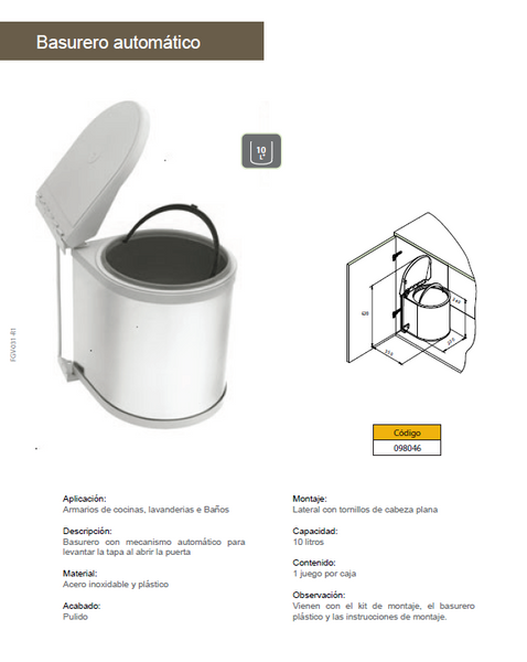 BASURERO AUTOMATICO CON TAPA 10 LITROS