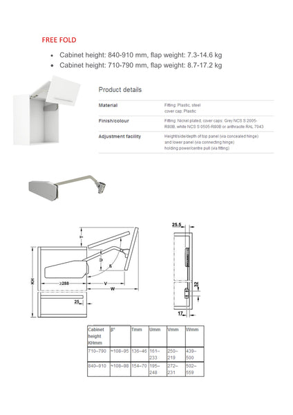 ELEVADOR FREE FOLD GRIS PUERTAS ALTURA DE 710-790MM 8.7 -17.2 KG