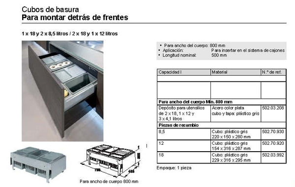 BASURERO 800MM CAPACIDAD 60L CON CORREDERAS