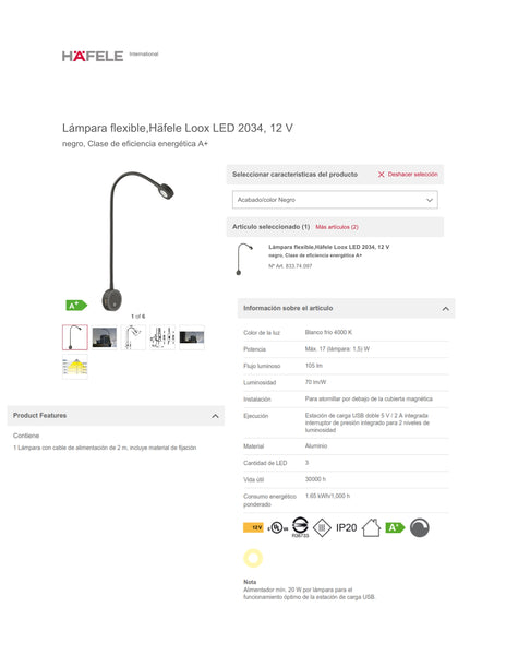 LAMPARA LED FLEXIBLE CON PUERTO USB NEGRO -  LUZ BLANCA