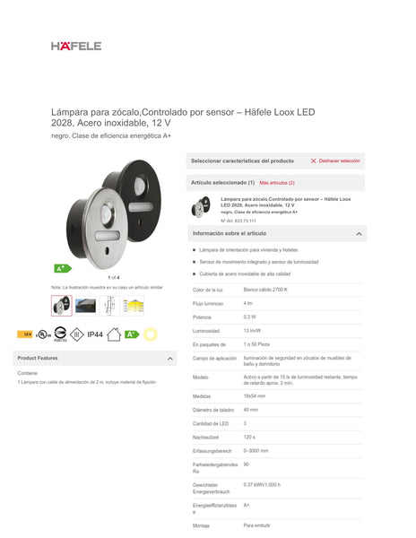 LAMPARA PARA ZÓCALO CONTROLADO X SENSOR LOOX LED 2028 INOX 12V