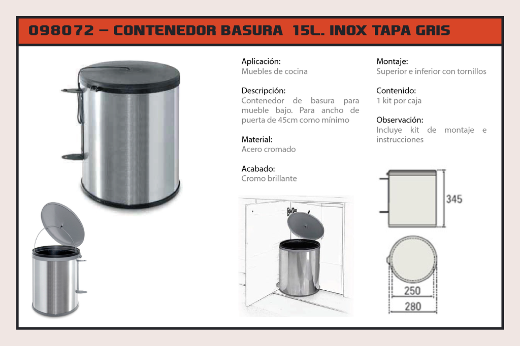 Contenedor basura 50 litros 38x45,5x59 cm gris - RETIF