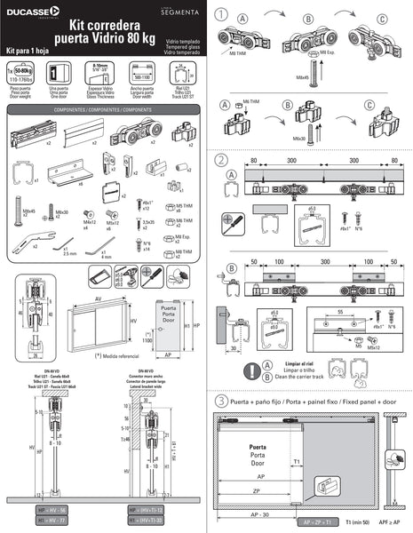 KIT CORREDERA CORREDIZA CLOSET - PUERTA DE VIDRIO 50 (DN-50 PARA 50 KILOS)