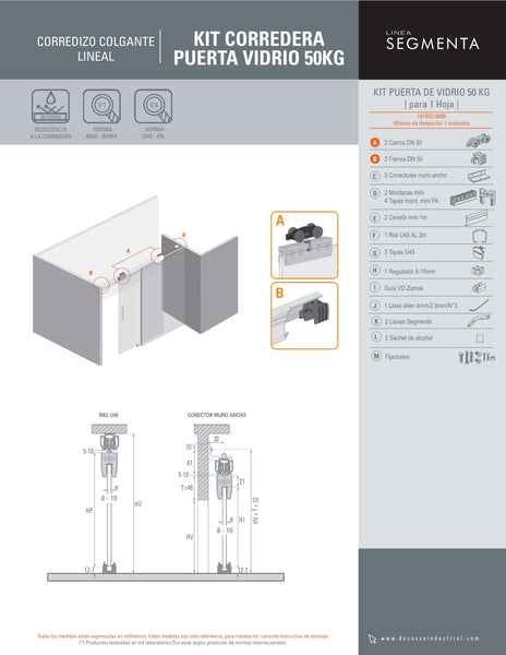 KIT CORREDERA CORREDIZA CLOSET - PUERTA DE VIDRIO 50 (DN-50 PARA 50 KILOS)